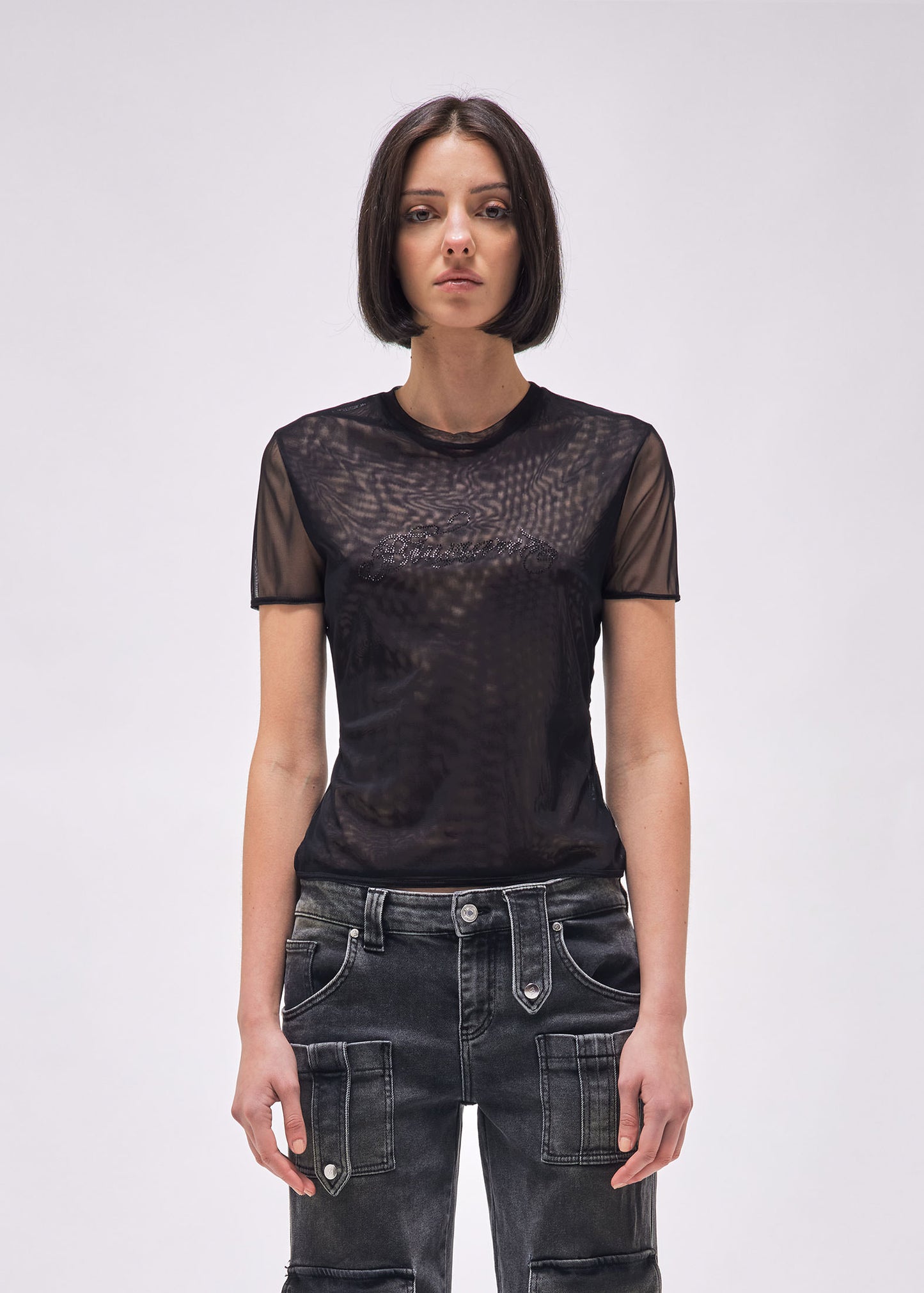 T-SHIRT IN TULLE CON LOGO STRASS
